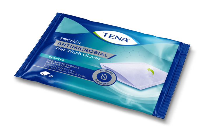 TENA ANTIMICROBIAL Wet Wash Gloves - 8 Stk.antimicrobielle Waschhandschuhe